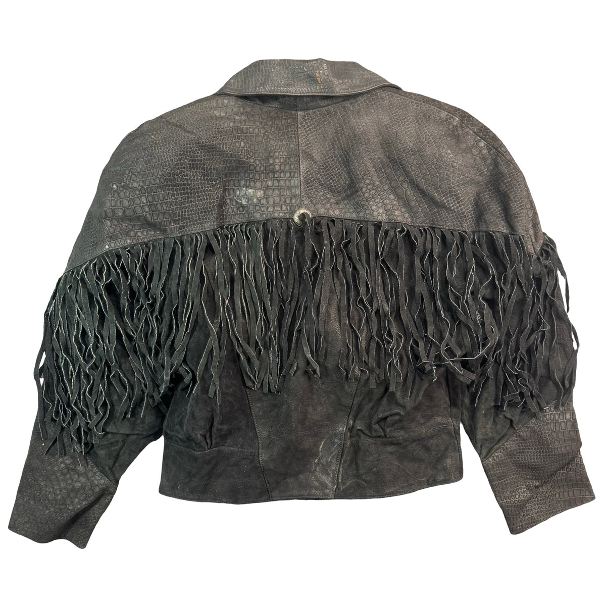 Vintage 80s-90s New York Classics Black Suede Fringe Croc Embossed Cropped Western Jacket Made in Korea Womens