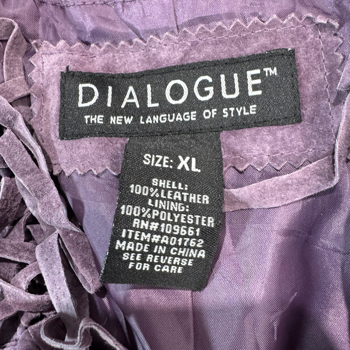 Dialogue Purple Suede Fringe Open Front Jacket Made in China Womens XL
