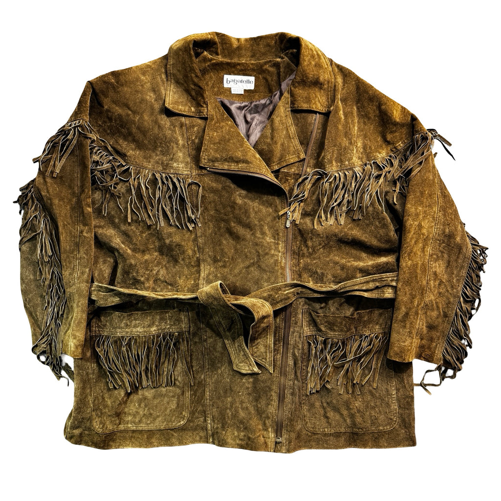 Vintage 90s Bagatelle Olive Brown Suede Fringe Belted Zip Front Jacket Made in China Womens
