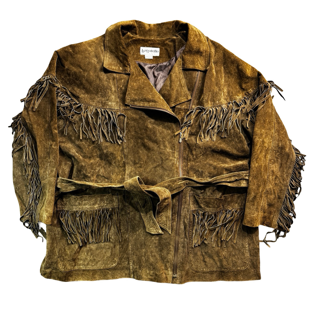 Vintage 90s Bagatelle Olive Brown Suede Fringe Belted Zip Front Jacket Made in China Womens