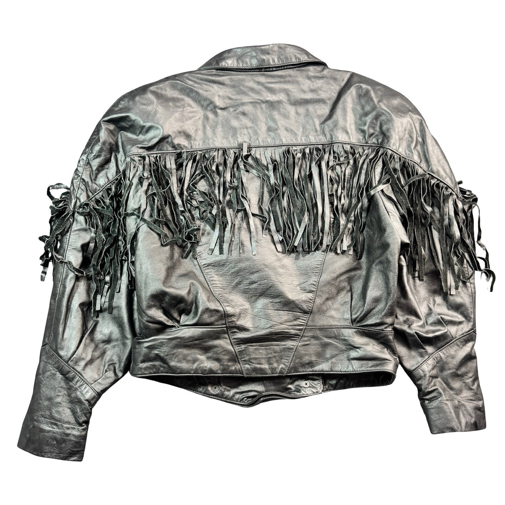 Vintage 80s-90s Phoenix Black Leather Fringe Cropped Moto Jacket Made in USA Womens M