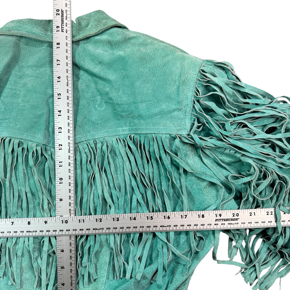 Vintage 90s Chia Teal Suede Fringe Concho Snap Cropped Western Jacket Made in Korea Womens M