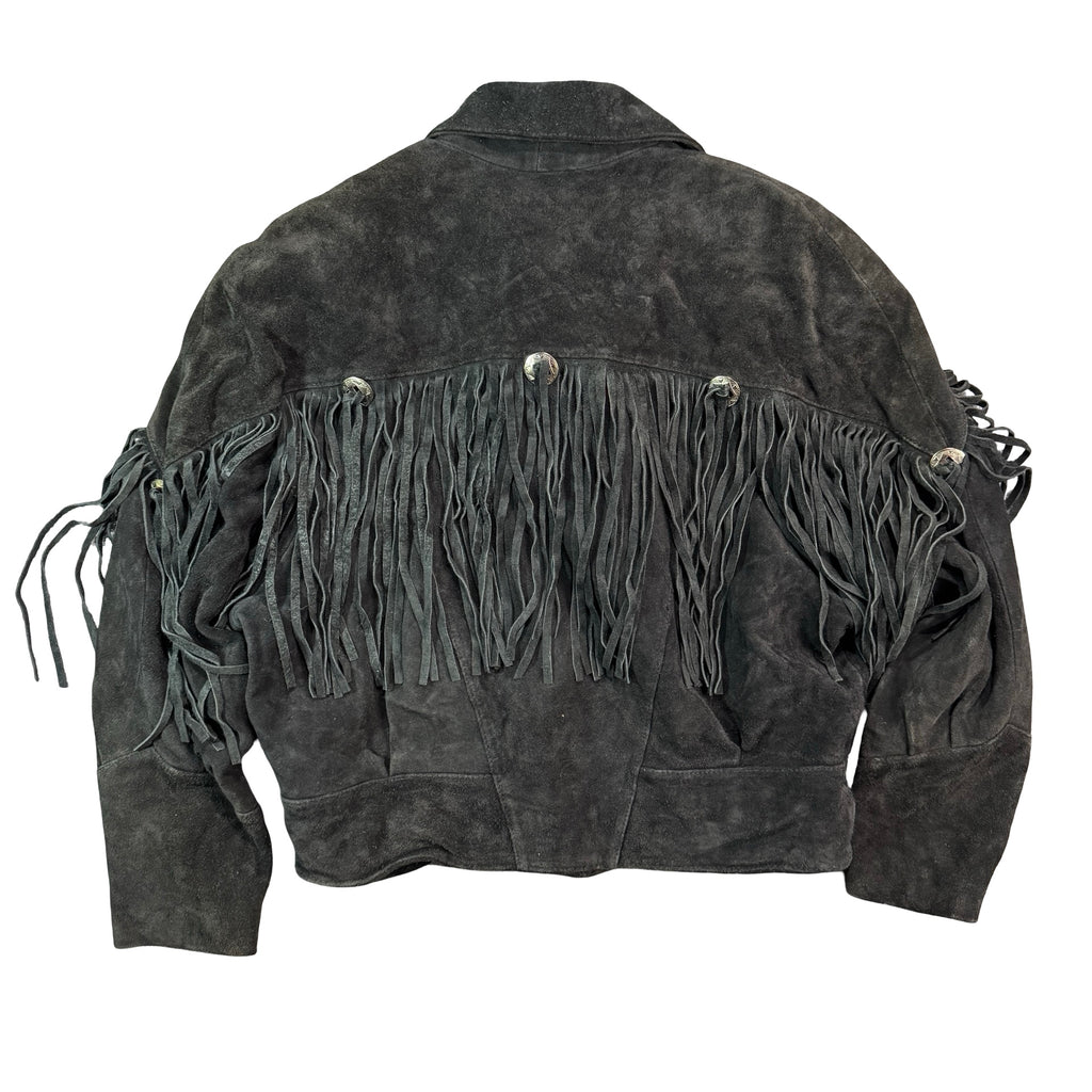 Vintage 80s-90s Anne-Gee Black Suede Fringe Concho Cropped Western Jacket Made in Korea Womens M