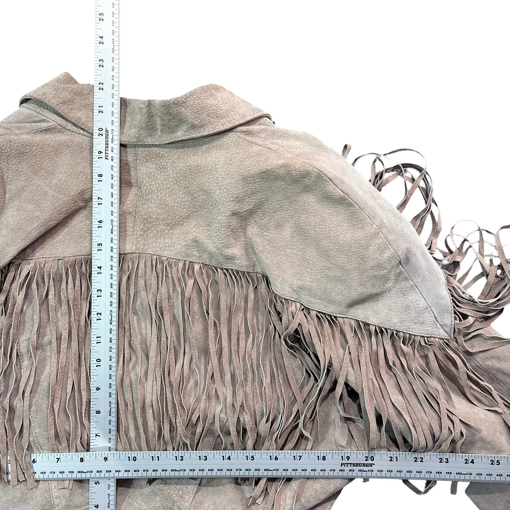 Vintage 80s Concept Clothing Company Taupe Suede Fringe Snap Front Jacket Womens S