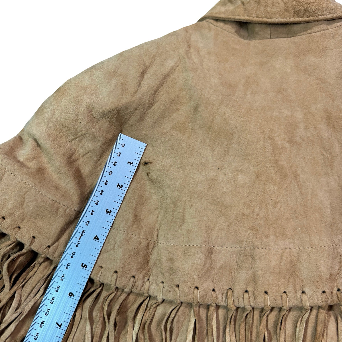 Vintage 90s Vakko Tan Suede Fringe Capelet Zip Front Western Jacket Made in USA Womens M