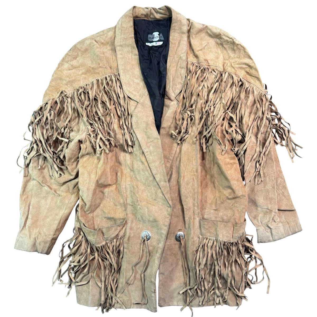Vintage 80s-90s Phoenix Tan Suede Fringe Pocket Concho Western Jacket Made in USA Unisex L