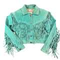 Vintage 90s Chia Teal Suede Fringe Concho Snap Cropped Western Jacket Made in Korea Womens M