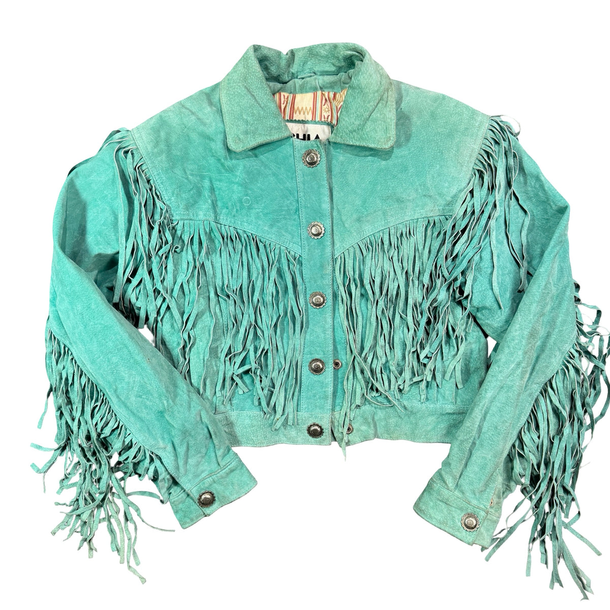 Vintage 90s Chia Teal Suede Fringe Concho Snap Cropped Western Jacket Made in Korea Womens M