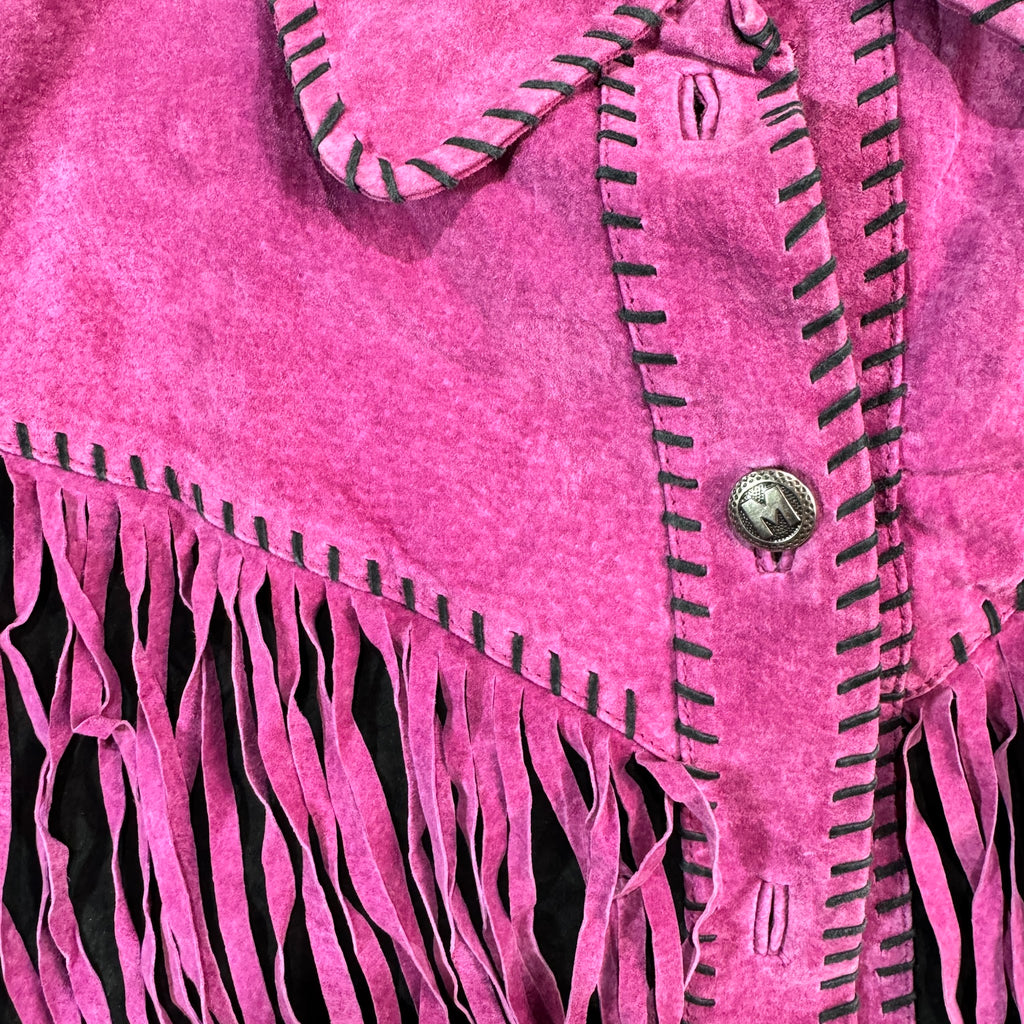 Vintage 90s Bob Mackie Wearable Art Pink Black Suede Fringe Whipstitch Button Front Western Jacket Womens Plus 3X