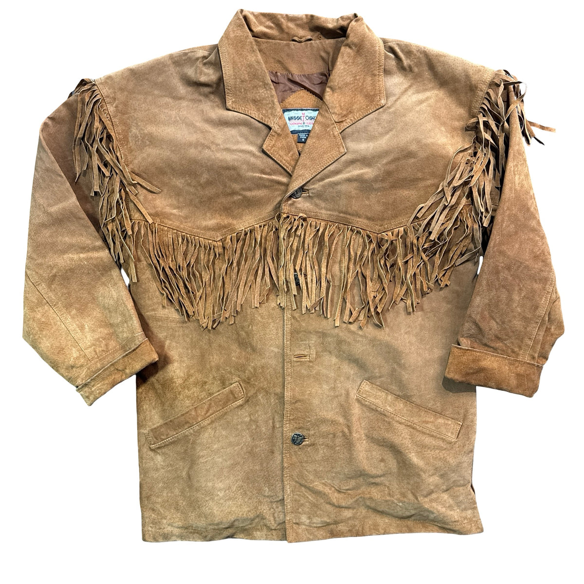 Vintage 90s Minnetonka Tan Suede Fringe Button Front Jacket Made in China Womens S