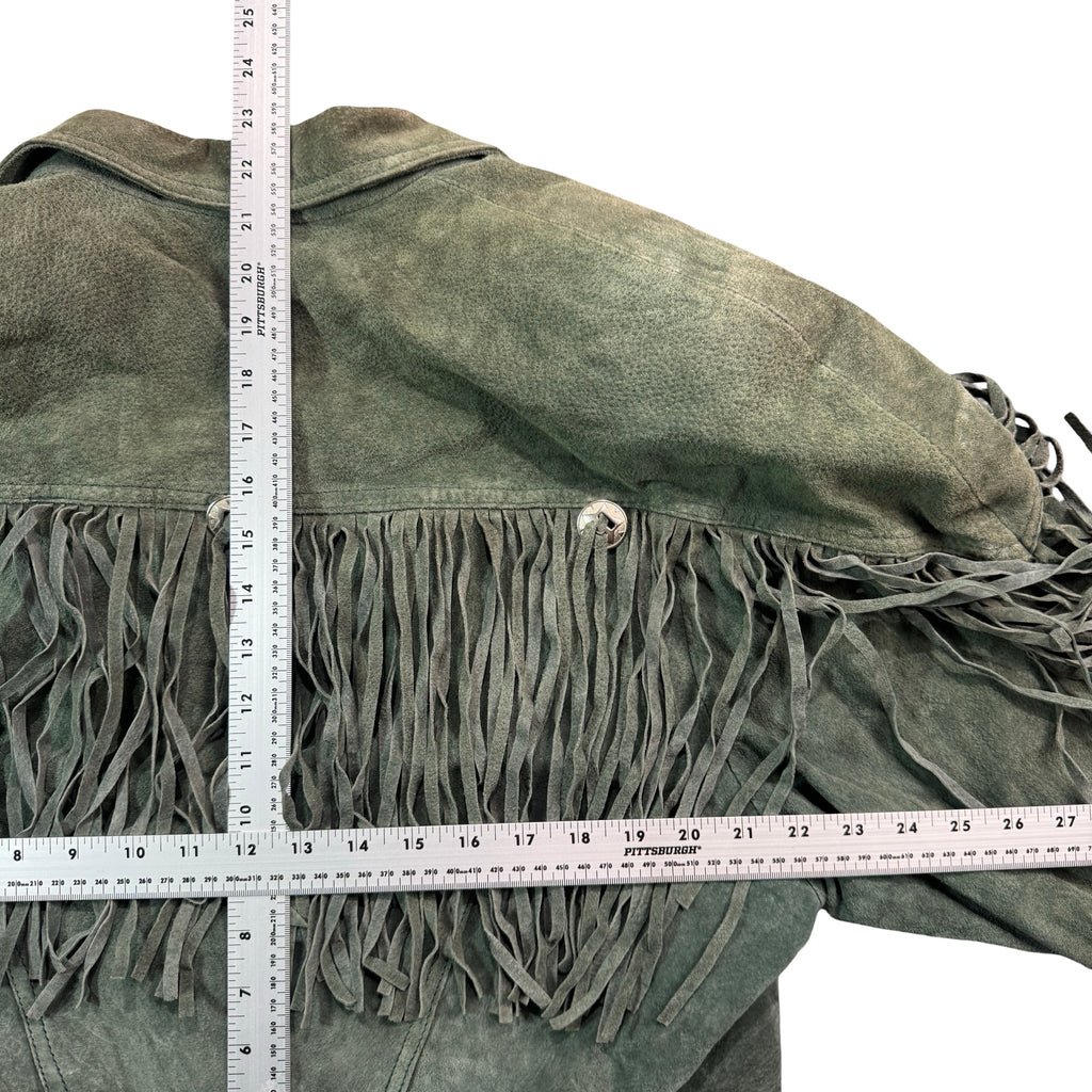 Vintage 80s-90s Jay Jacobs Sage Green Suede Fringe Concho Cropped Jacket Made in Korea Womens M