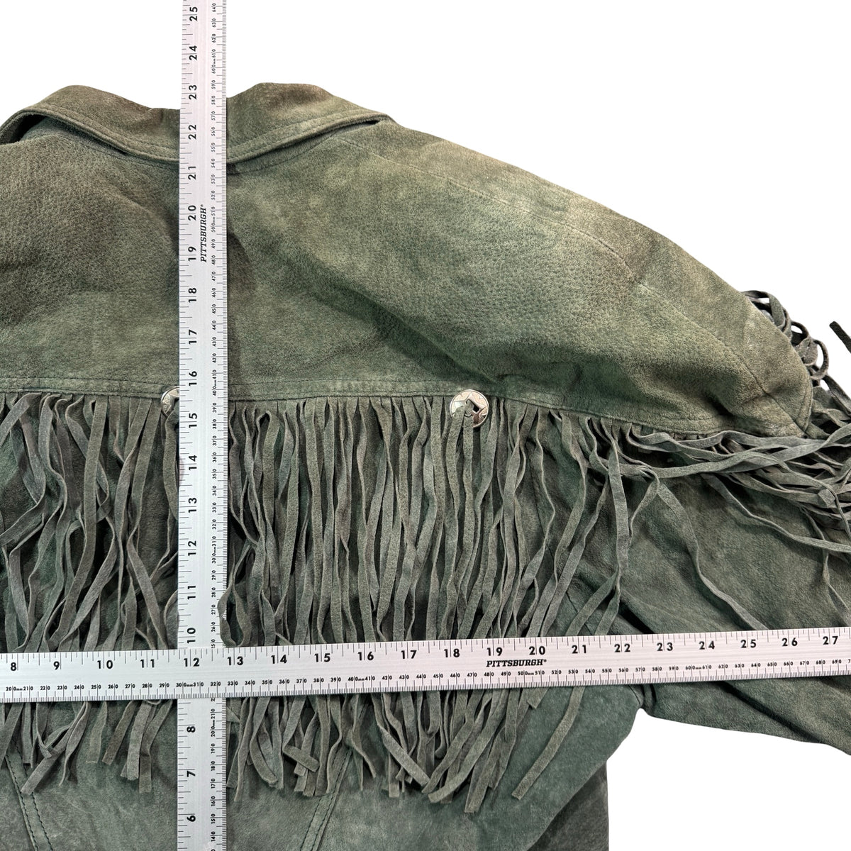 Vintage 80s-90s Jay Jacobs Sage Green Suede Fringe Concho Cropped Jacket Made in Korea Womens M