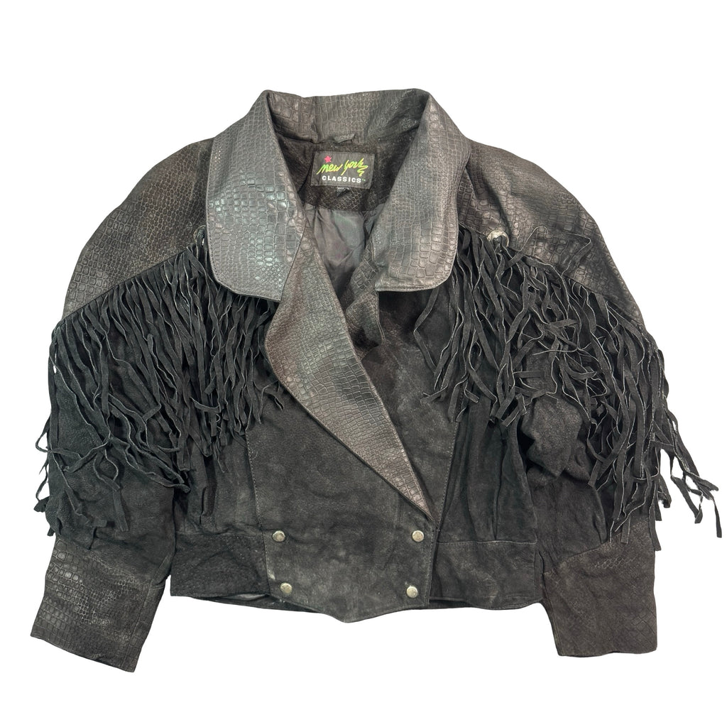 Vintage 80s-90s New York Classics Black Suede Fringe Croc Embossed Cropped Western Jacket Made in Korea Womens