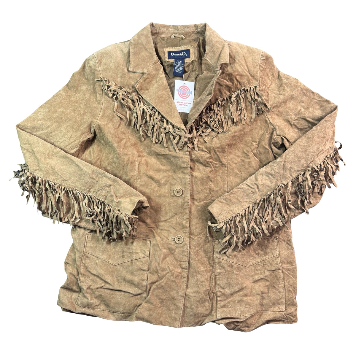 Y2K Denim & Co tan suede fringe jacket front