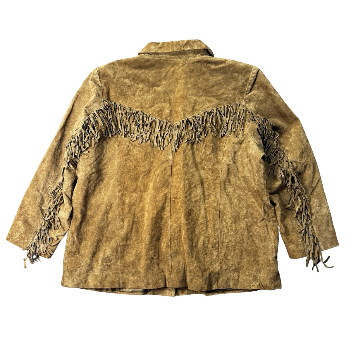 Tan suede fringe jacket, back view with fringe yoke