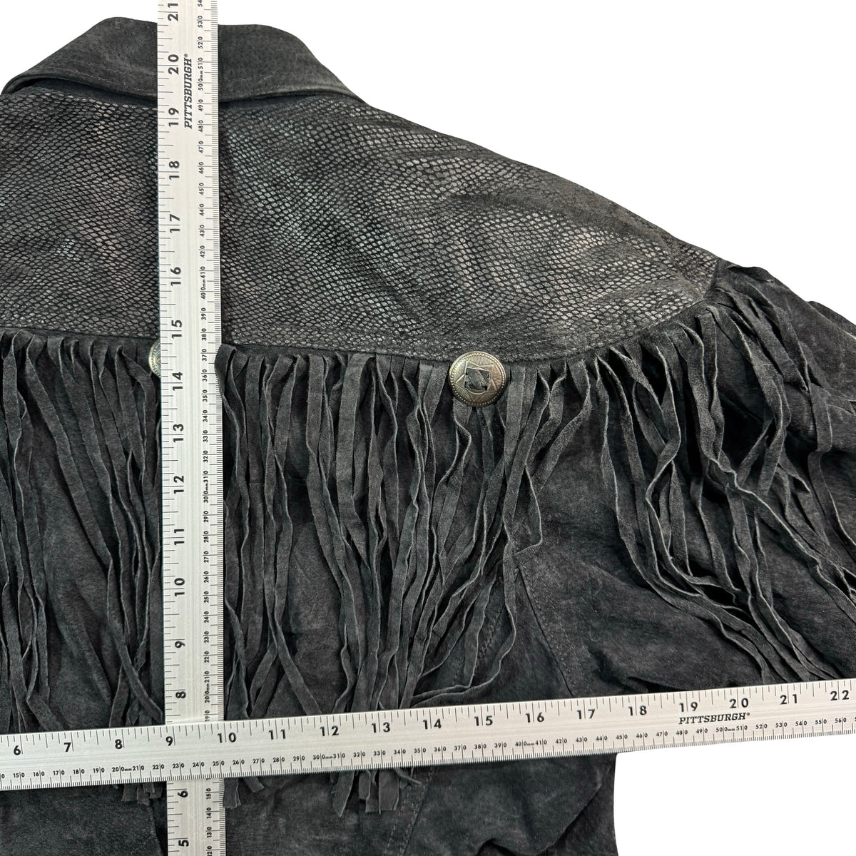 Vintage 80s-90s Body Exteriors Black Suede Fringe Concho Cropped Western Jacket Womens S