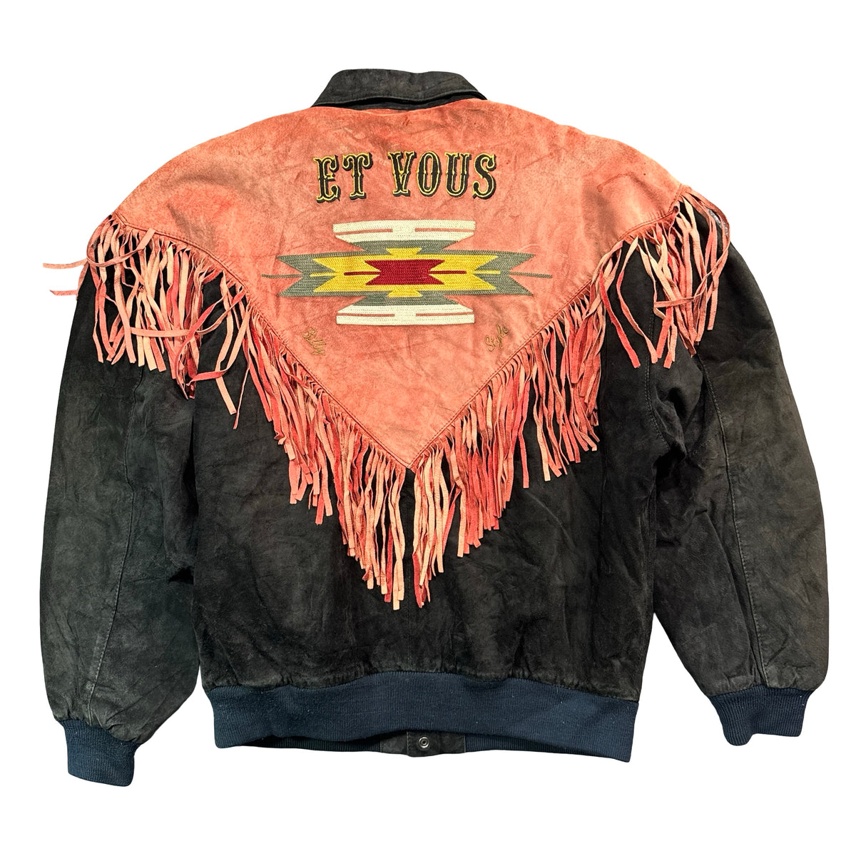 Vintage 90s Hysteric Et Vous Black Pink Suede Fringe Aztec Embroidered Jacket Made in Korea Unisex