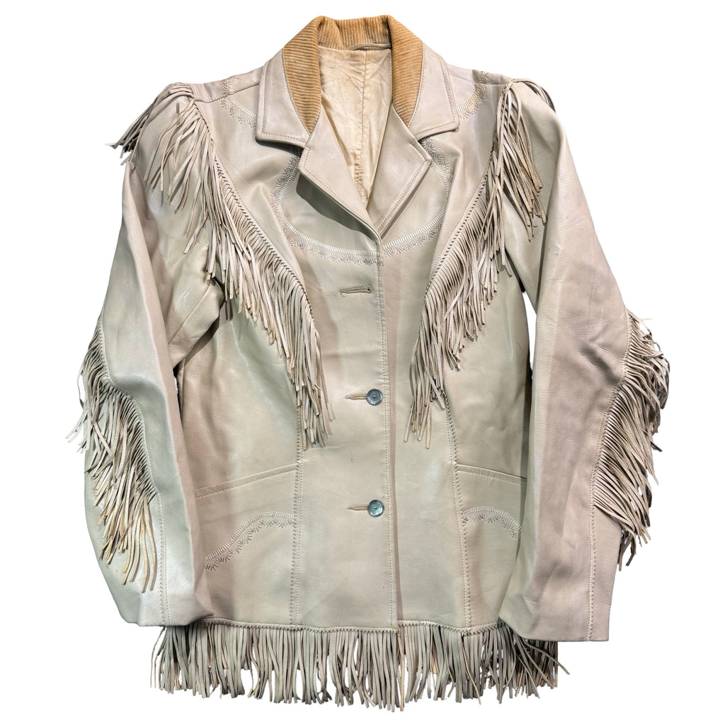 Vintage 70s-80s Pioneer Wear Cream Leather Fringe Embroidered Yoke Western Jacket Womens