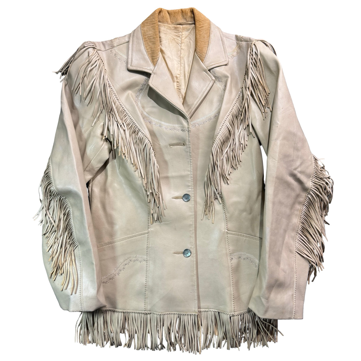 Vintage 70s-80s Pioneer Wear Cream Leather Fringe Embroidered Yoke Western Jacket Womens