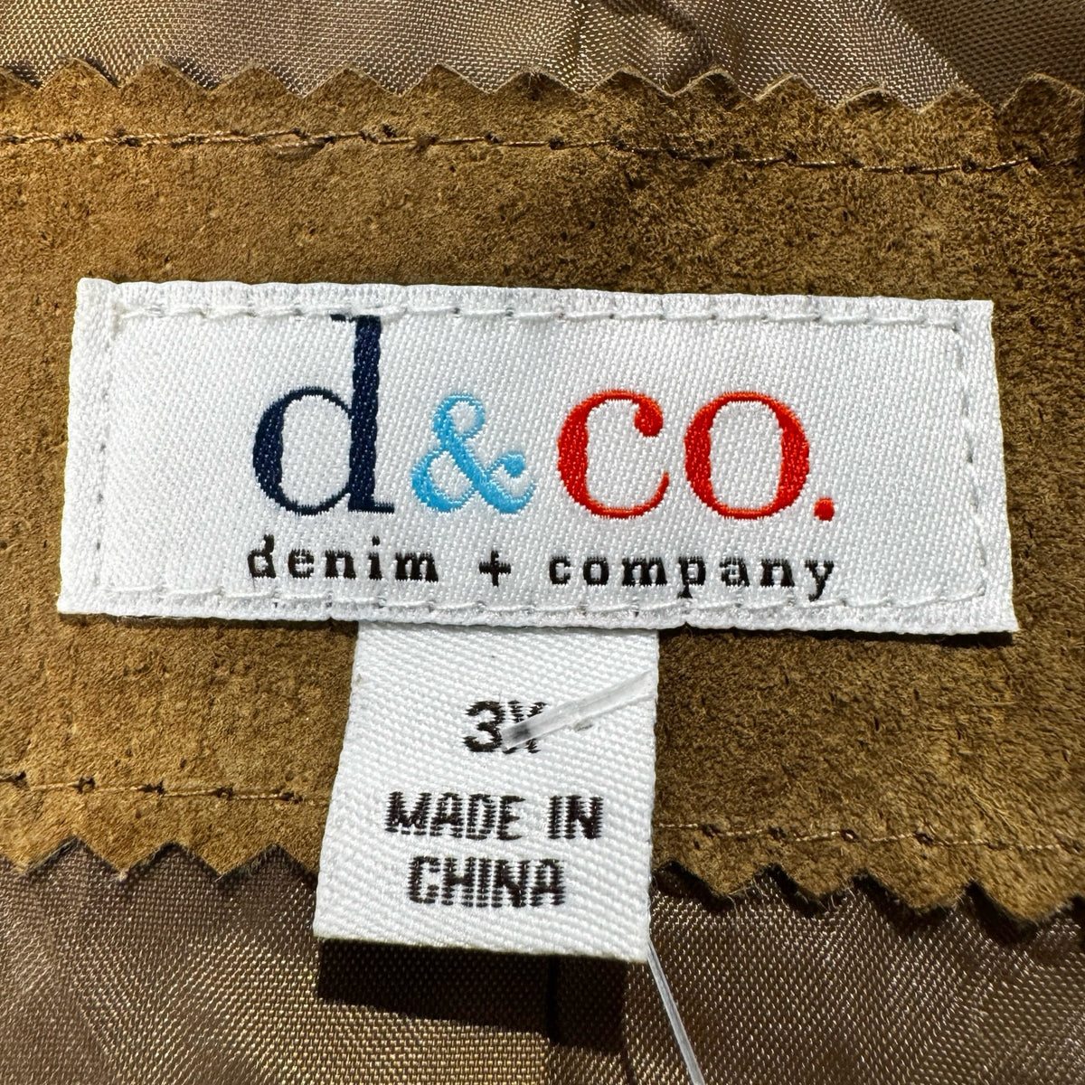 d&co denim + company 3X label inside tan suede jacket