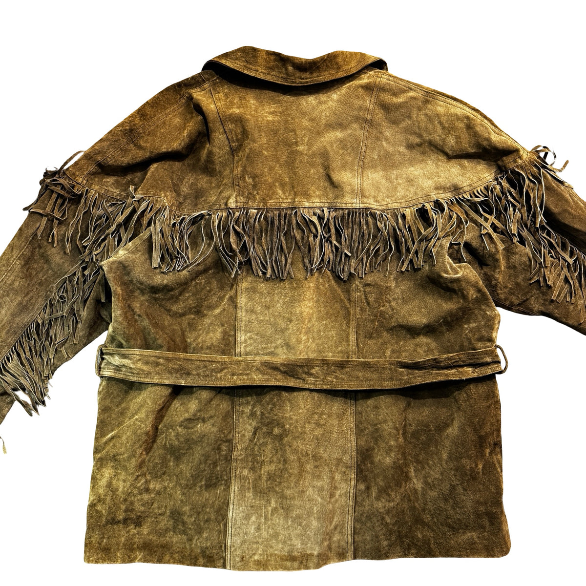 Vintage 90s Bagatelle Olive Brown Suede Fringe Belted Zip Front Jacket Made in China Womens