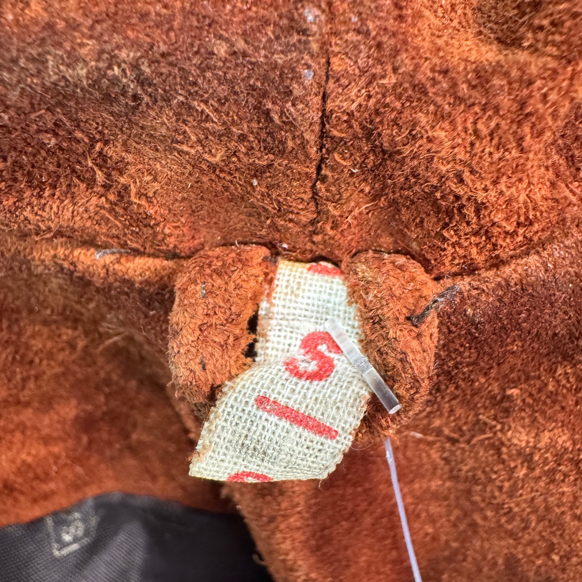 Size S tag inside rust suede jacket