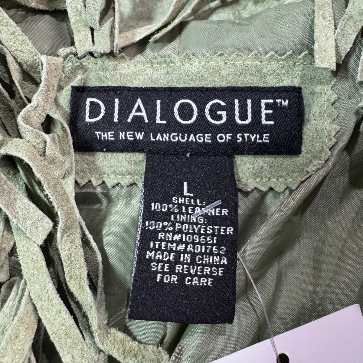 Dialogue label, size L, 100% leather shell, made in China