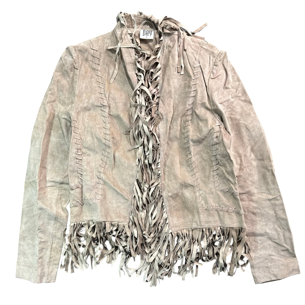 Y2K BAY Stone Suede Whipstitch Tie Neck Fringe Jacket Womens 12