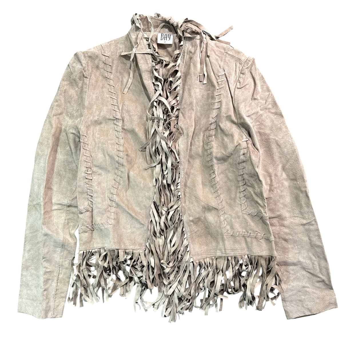 Y2K BAY Stone Suede Whipstitch Tie Neck Fringe Jacket Womens 12
