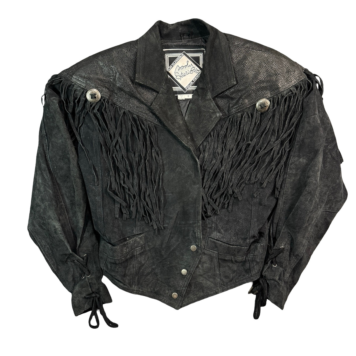 Vintage 80s-90s Body Exteriors Black Suede Fringe Concho Cropped Western Jacket Womens S