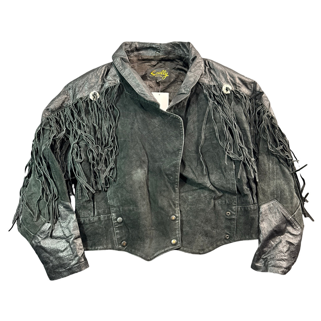 Vintage Scully black leather concho fringe jacket front
