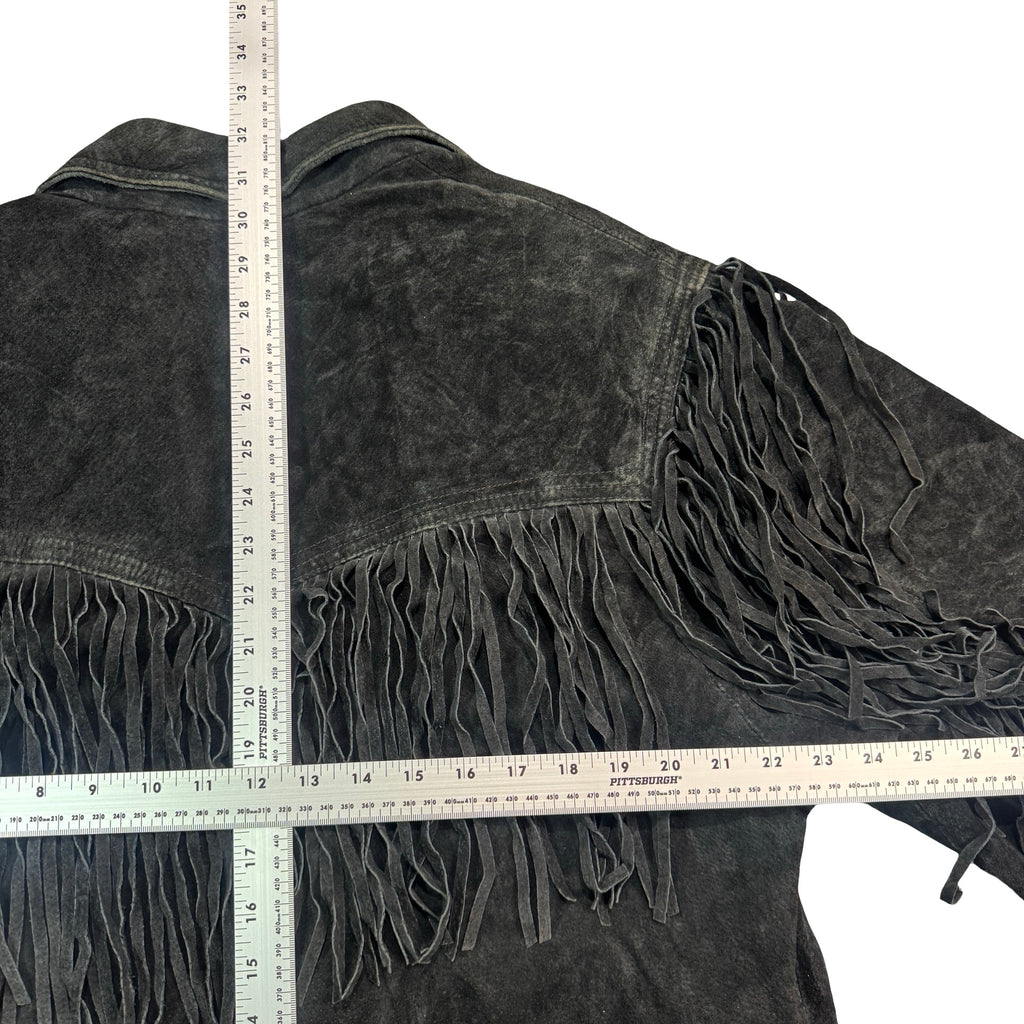 Vintage 80s-90s Global Identity G-III Charcoal Suede Fringe Concho Button Blazer Jacket Womens L
