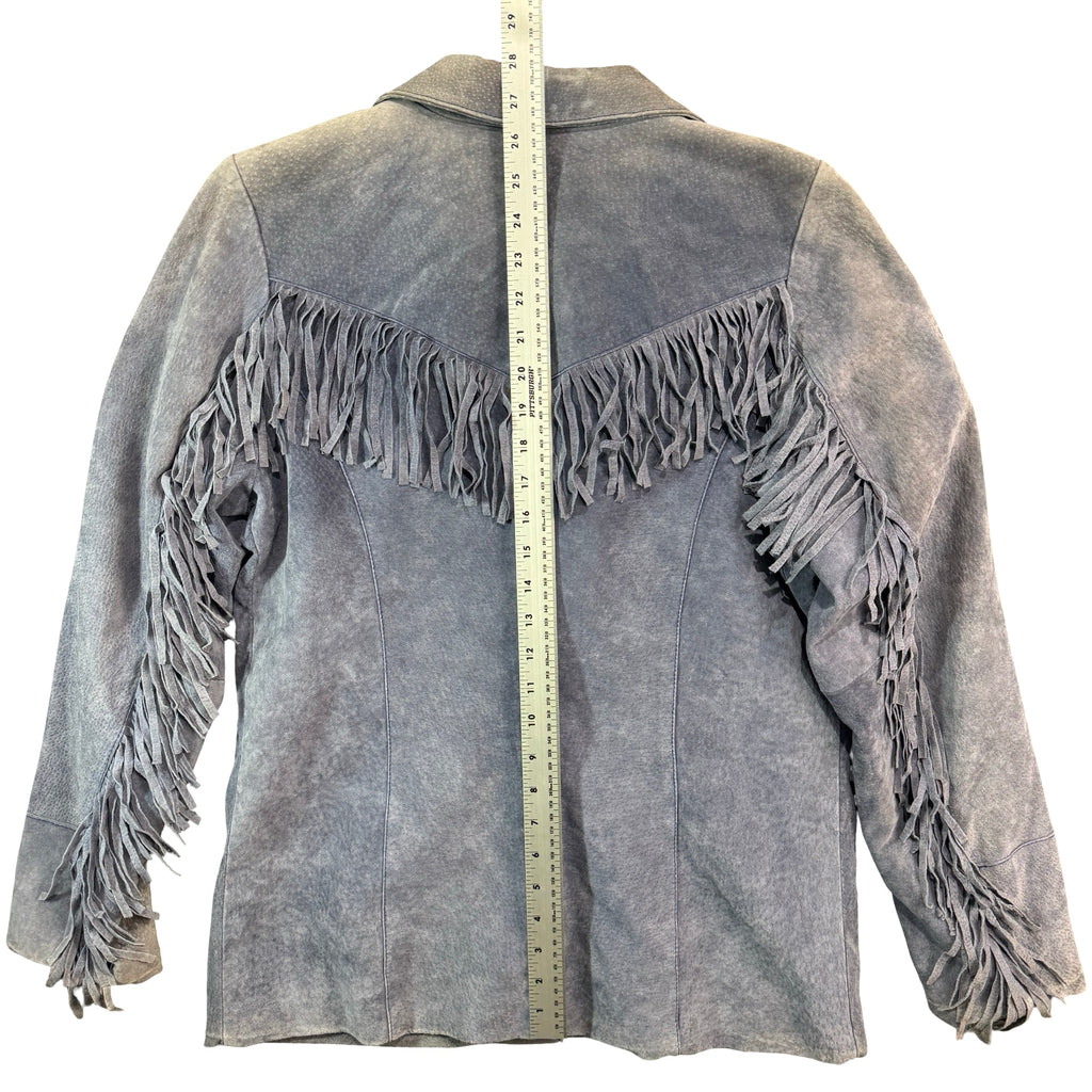 Slate blue suede fringe jacket with measuring tape for length