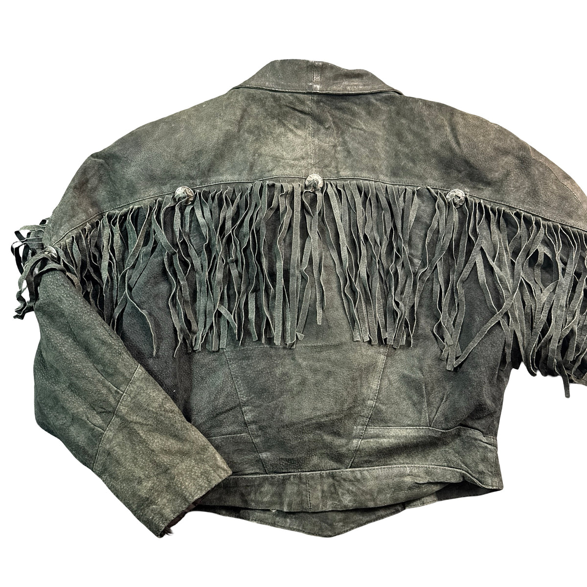 Vintage 80s-90s Rock Creek Black Suede Fringe Concho Western Jacket Made in Korea Unisex L
