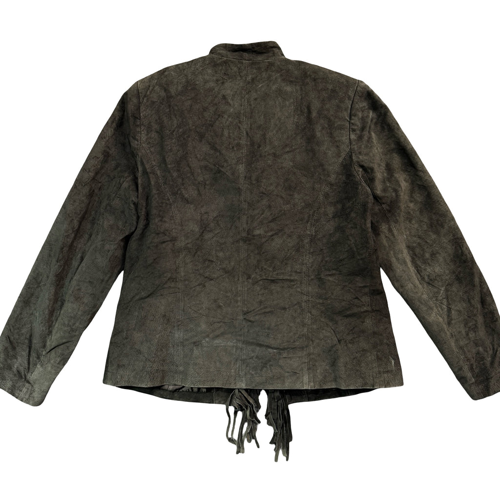 Vintage 90s Nancy Bolen City Girl Gray Suede Fringe Open Front Jacket Made in China Womens M
