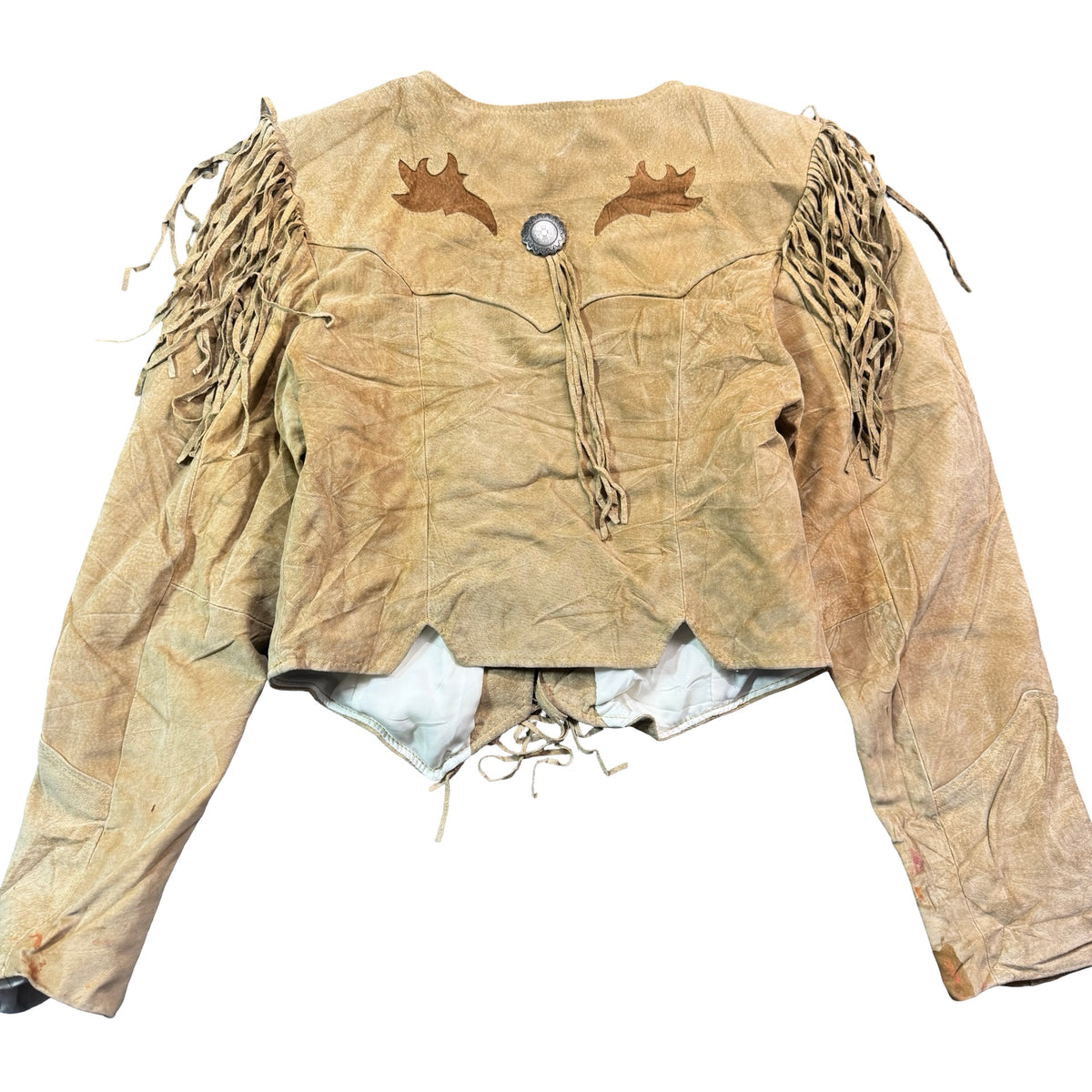 Vintage 80s-90s Pioneer Wear Sand Suede Fringe Bone Applique Western Jacket Made in USA Womens S
