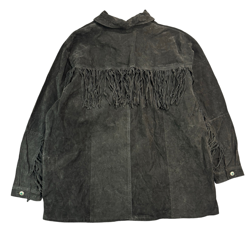 Vintage 90s Hunters Run Black Suede Fringe Beaded Button Front Shirt Jacket Made in China Womens 1X