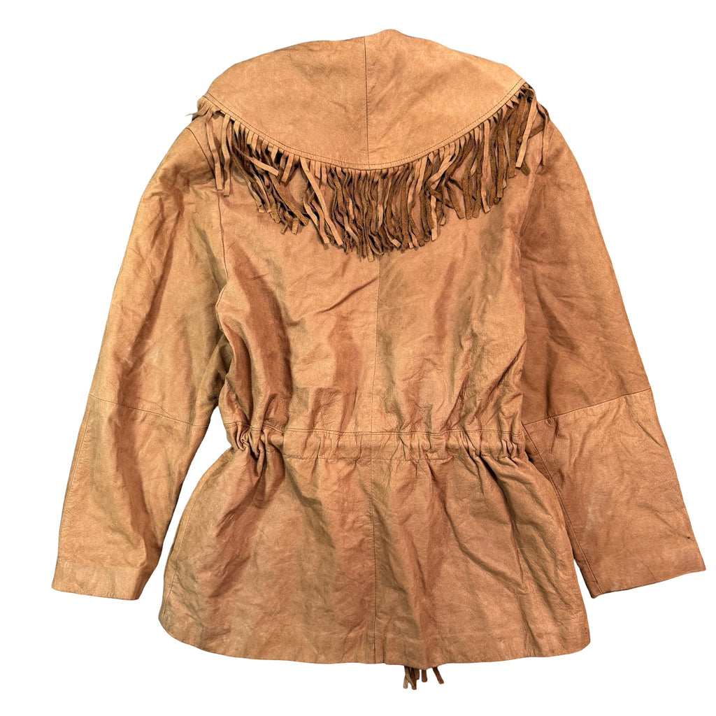 Vintage 80s-90s Forenza Tan Suede Fringe Belted Western Jacket Made in Korea Womens S