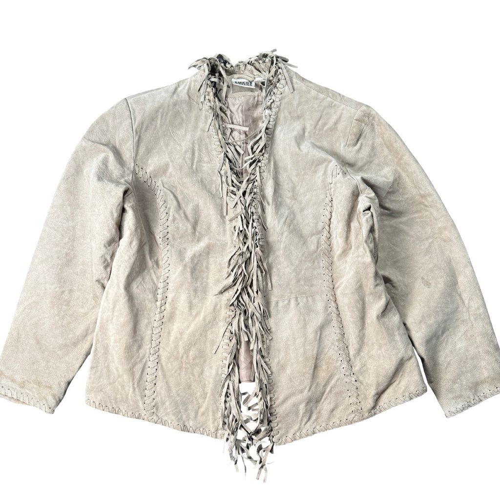 Y2K Chico's Design greige suede fringe open front jacket, front view