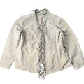 Y2K Chico's Design greige suede fringe open front jacket, front view