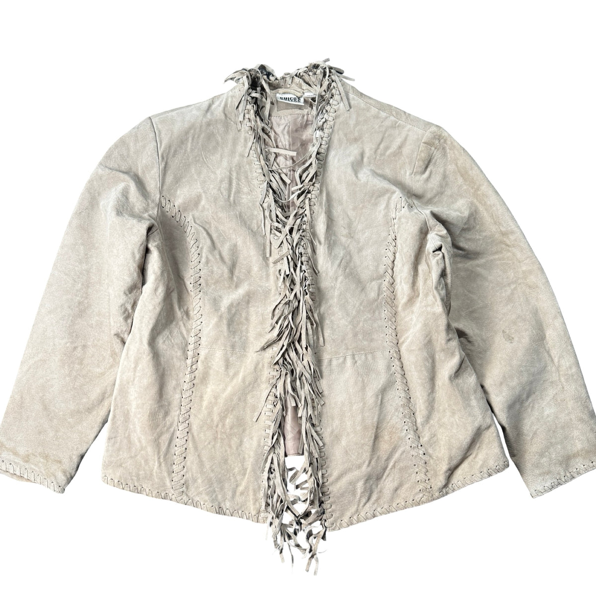 Y2K Chico's Design greige suede fringe open front jacket, front view