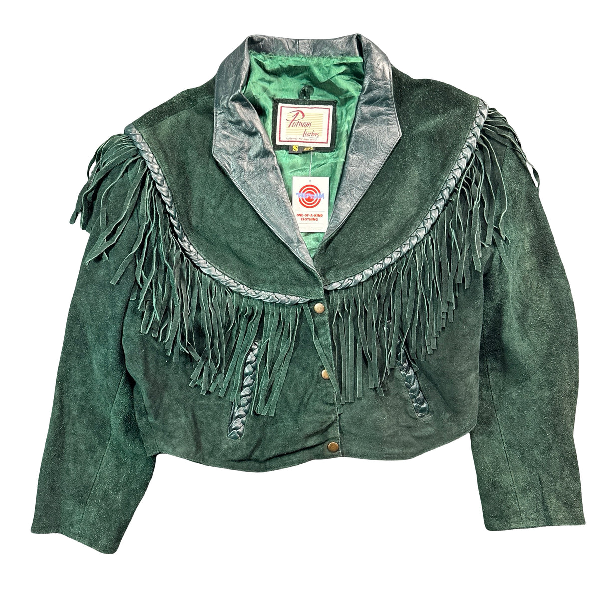 Vintage Putnam Leathers green suede fringe jacket front