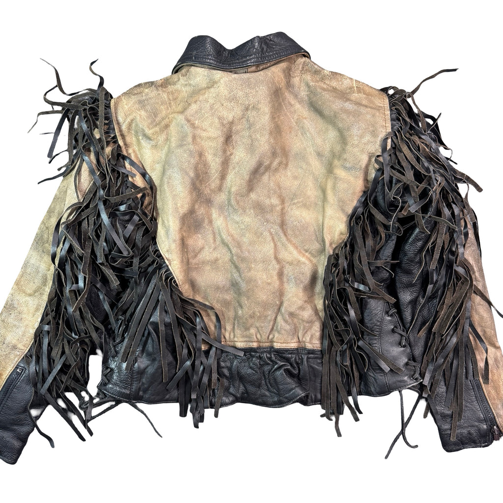 Vintage 90s Tan Black Leather Fringe Cropped Zip Front Moto Jacket Womens S