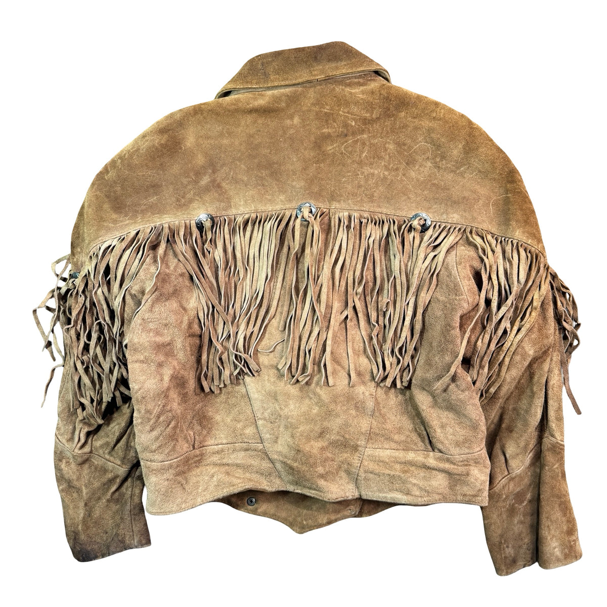 Vintage 90s Yearbook Tan Suede Fringe Cropped Snap Front Western Jacket Made in Korea Womens