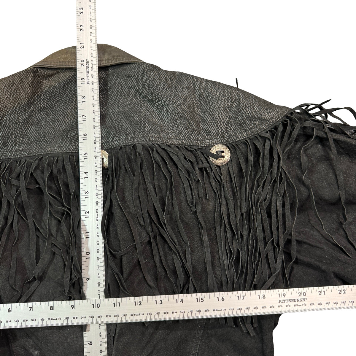 Vintage 80s-90s Body Exteriors Black Suede Fringe Concho Lace Up Western Jacket Womens M