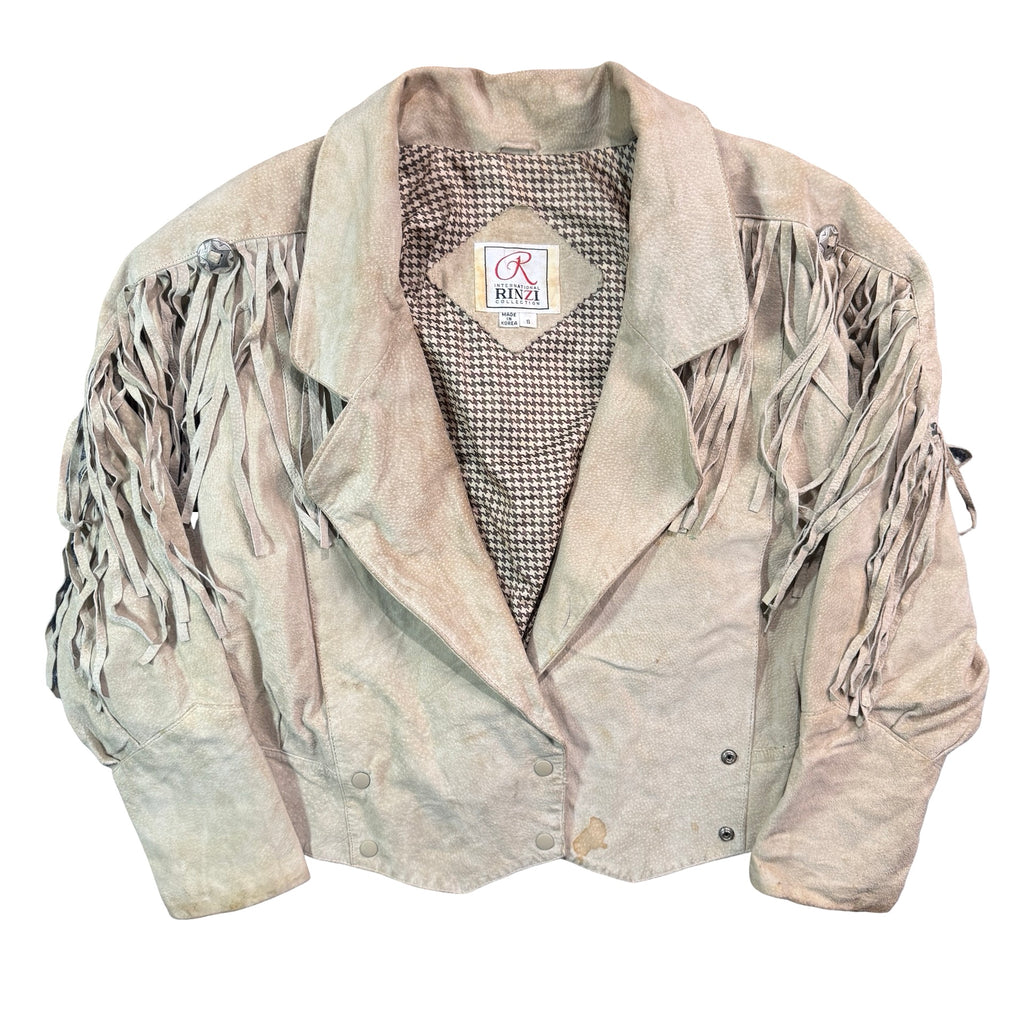 Vintage 80s-90s Rinzi Cream Suede Fringe Concho Snap Cropped Jacket Made in Korea Womens S