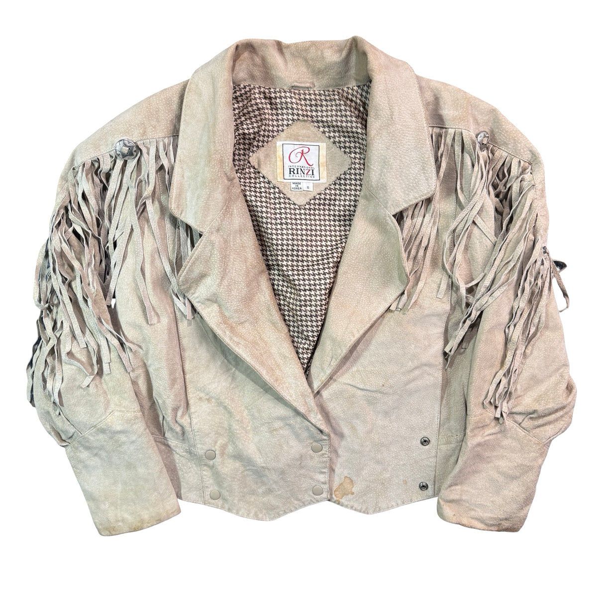 Vintage 80s-90s Rinzi Cream Suede Fringe Concho Snap Cropped Jacket Made in Korea Womens S