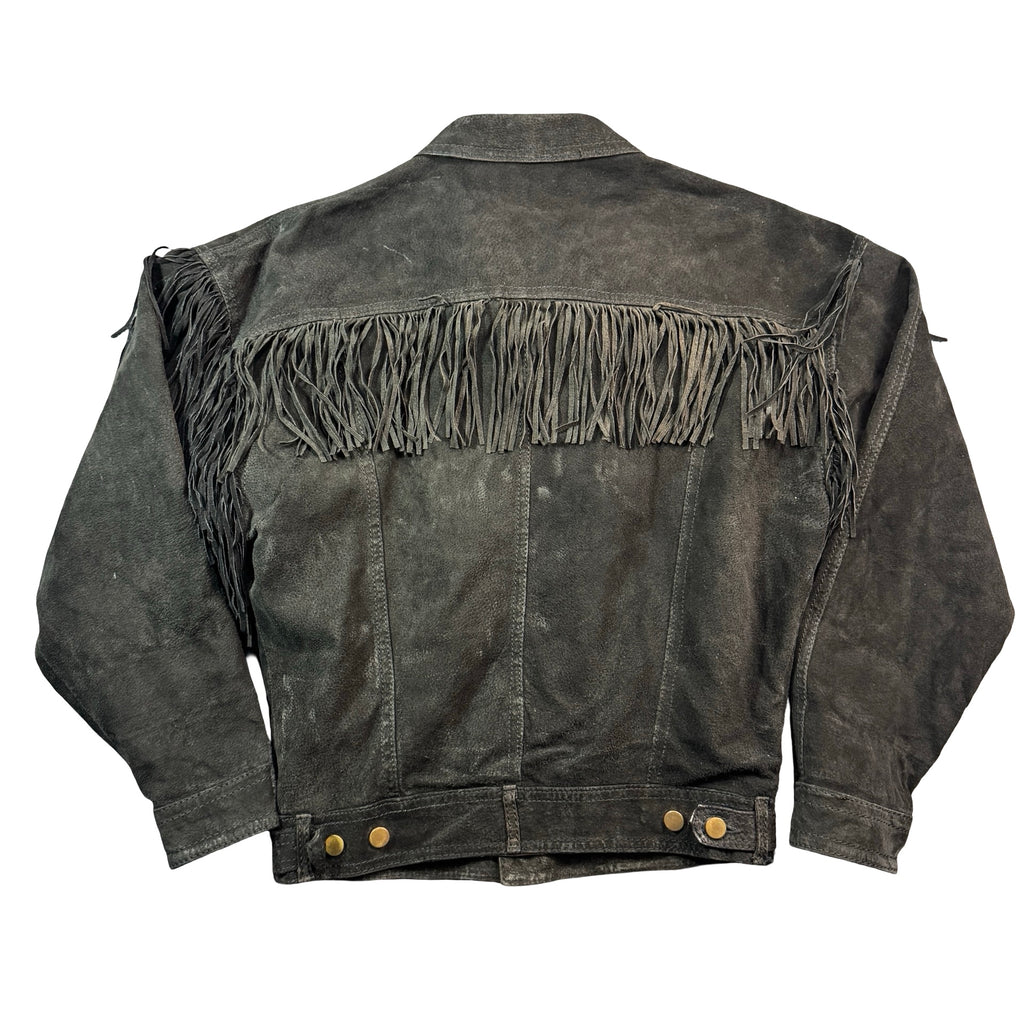 Black suede fringe trucker jacket back