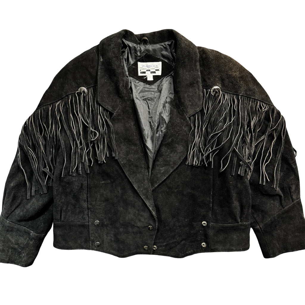 Vintage 90s Yearbook Black Suede Fringe Concho Snap Cropped Jacket Made in Korea Womens L