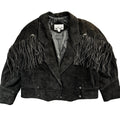 Vintage 90s Yearbook Black Suede Fringe Concho Snap Cropped Jacket Made in Korea Womens L